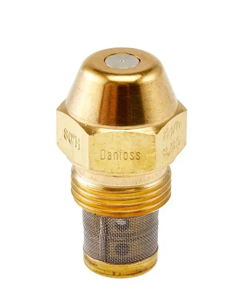 Danfoss Öldüse mit Metallgehäuse und feinmaschigem Filter an der Unterseite. Die Düse hat eine konische Form und ist für ölbasierte Anwendungen konzipiert.